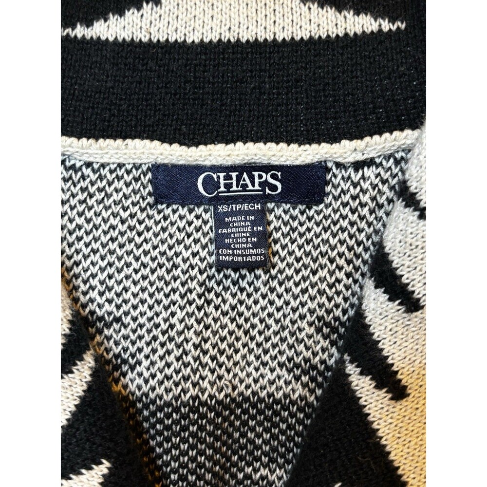 CHAPS Womens XS Southwestern Aztec Cardigan Black Cream 100% Cotton Shawl Collar - Picture 2 of 7